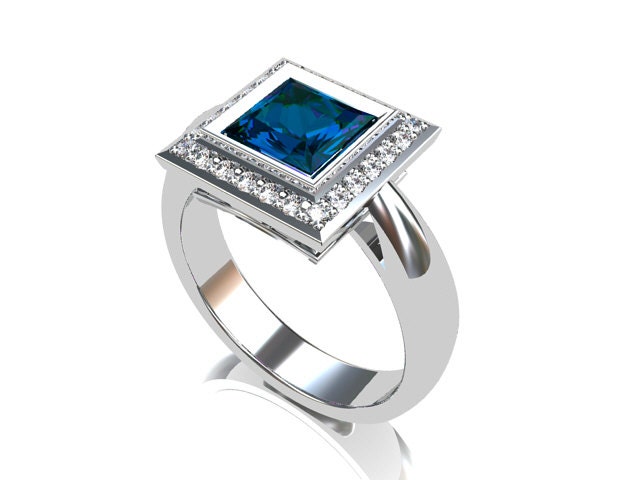 London blue topaz ring, Diamond, princess cut, halo, engagement ring ...