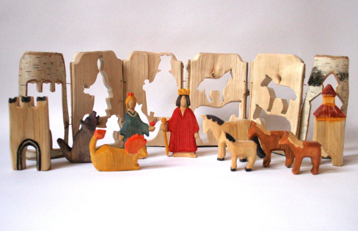 Castle, King and Queen, Carved miniature castle from one birch tree trunk