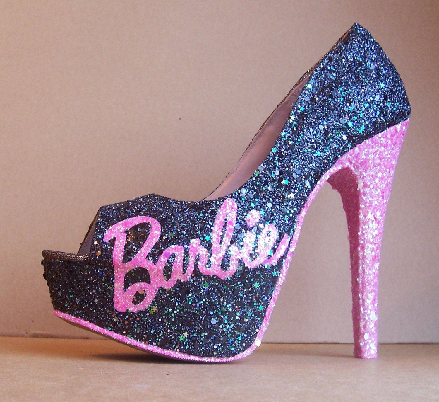 Black and Pink Barbie Glittered High Heels