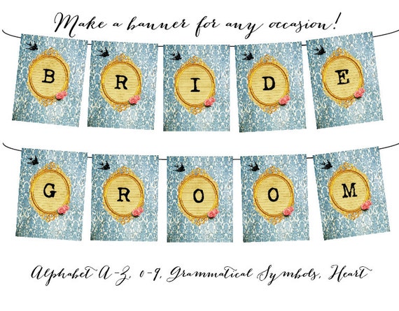 Printable vintage roses swallow banner FULL ALPHABET for Wedding, Bridal, Baby Shower, Birthday, any occasion Il_570xn