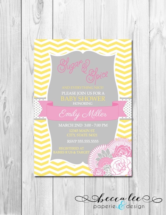 Floral Chevron Sugar & Spice Baby Shower Invitation - Pink and Yellow - DIY - Printable Il_570xn