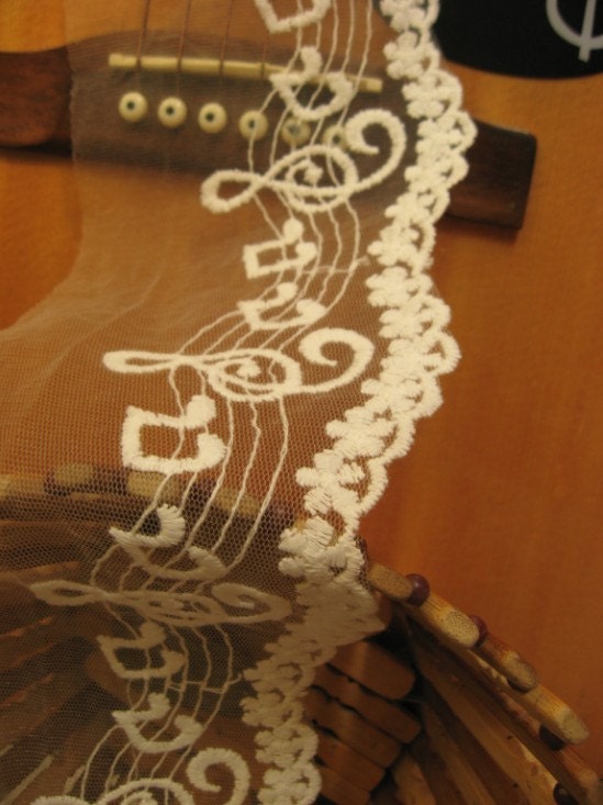 White Lace Trim Embroidered Musical Note Cotton Bridal Lace Fabric Wedding Decors 2 yards