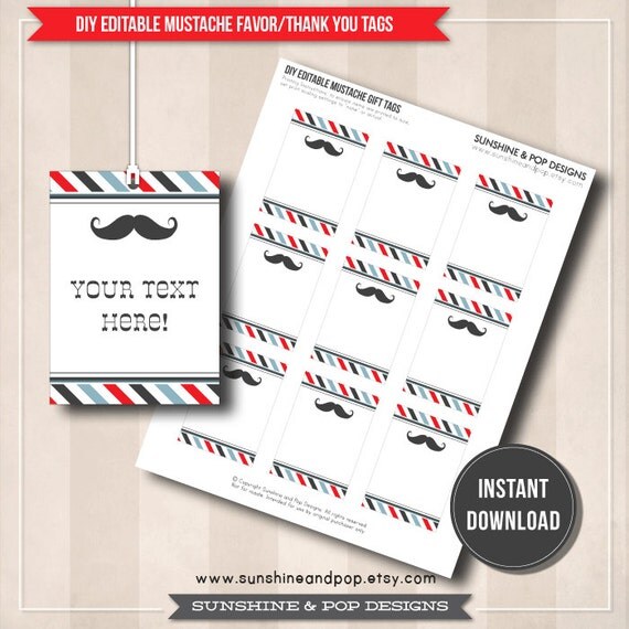 INSTANT DOWNLOAD - EDITABLE Little Man Mustache Bash Favor Tags, Gift Tags, Vintage Thank You Tag - Custom Pdf Il_570xn