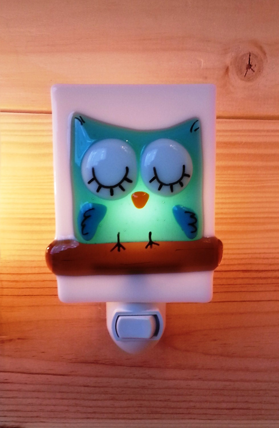 Nightlight owl, fused glass, turquoise, baby, room decoration, nursery, shower gift, kid room, children - VeilleSurToi