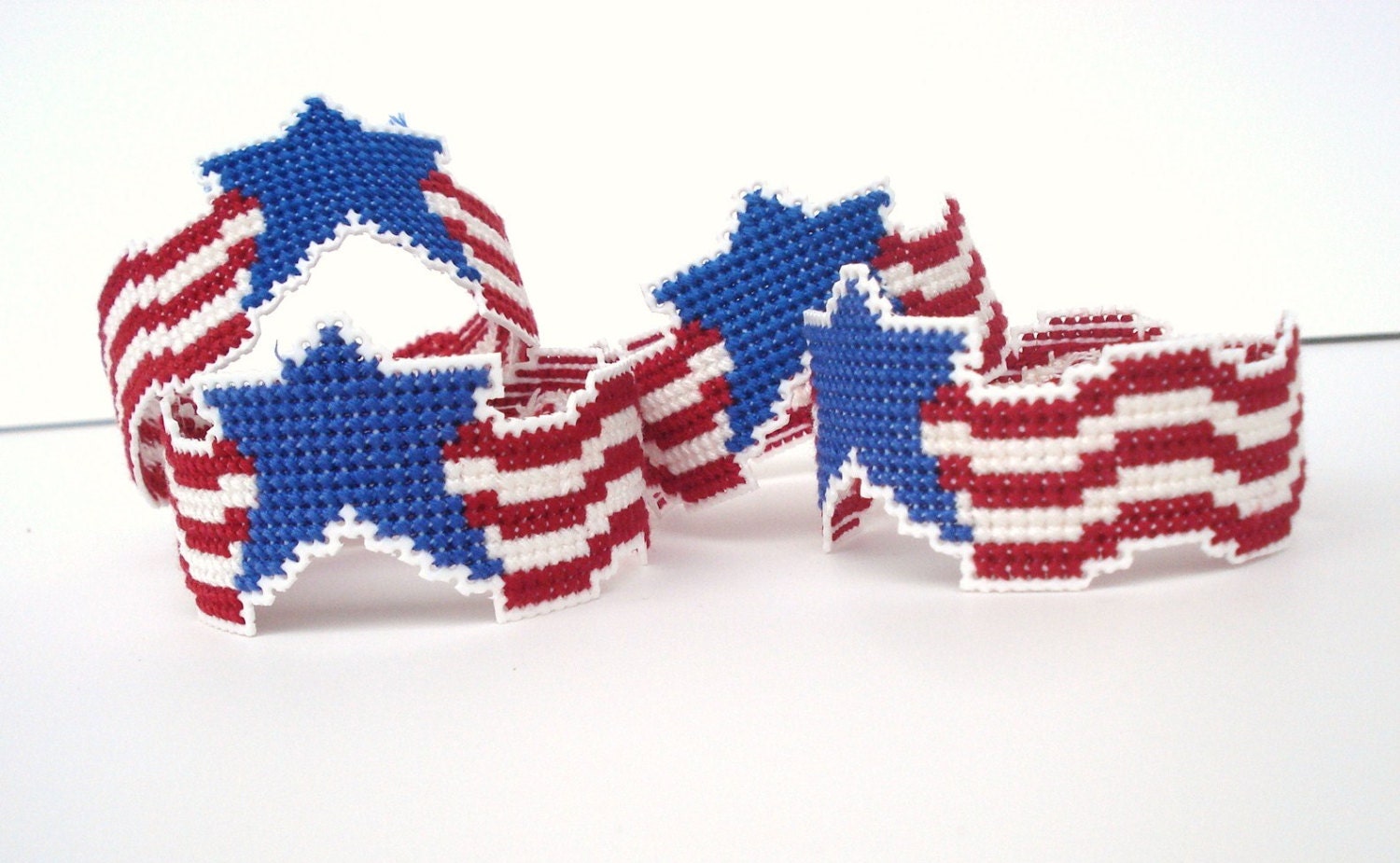 Patriotic Napkin Rings, Set of 4, Counted Cross Stitch Napkin Rings, Flag Napkin Rings, Red, White and Blue