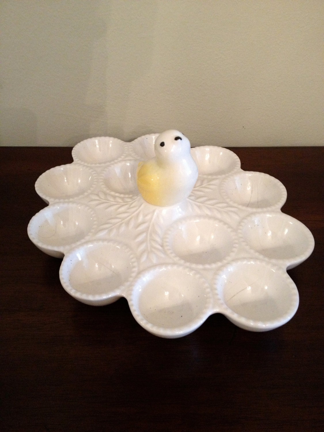 Vintage Ceramic White Egg Tray with Yellow by SchmitysVintageBooty