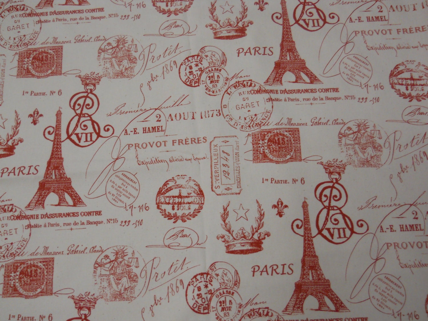 French Script Fabric Red Eiffel Tower Paris By Decorativefabrics