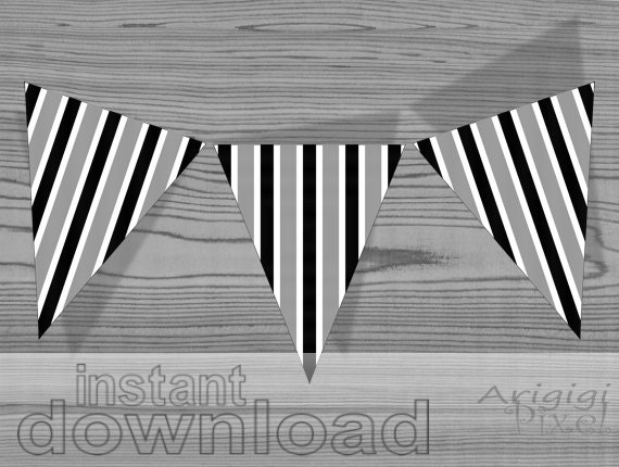download immediately printable pennant black white and gray DIY party garland wertical stripes Il_570xn
