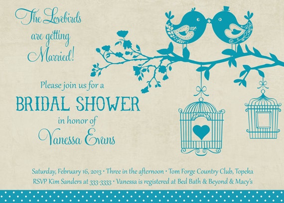 Vintage Teal and Tan Love Birds Bridal Shower Invitation - Printable Il_570xn