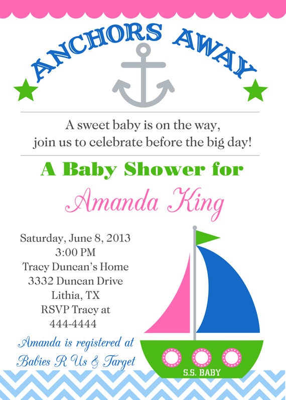 Anchors Away Sailboat Baby Shower Invitations - Printable