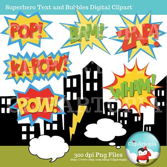 Superhero Text and Bubbles clipart comic book, Personal and Commercial Use / INSTANT DOWNLOAD Il_570xn