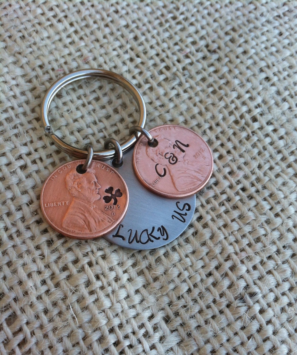 Buy traditional anniversary gifts - Lucky us penny keychain hand stamped copper anniversary gift