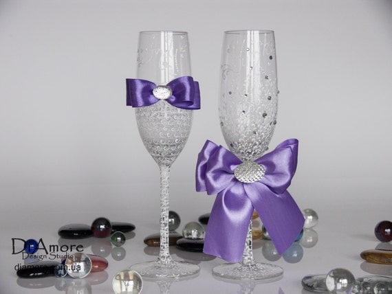 Lace White And Purple Champagne Flutes Wedding By Diamoreds