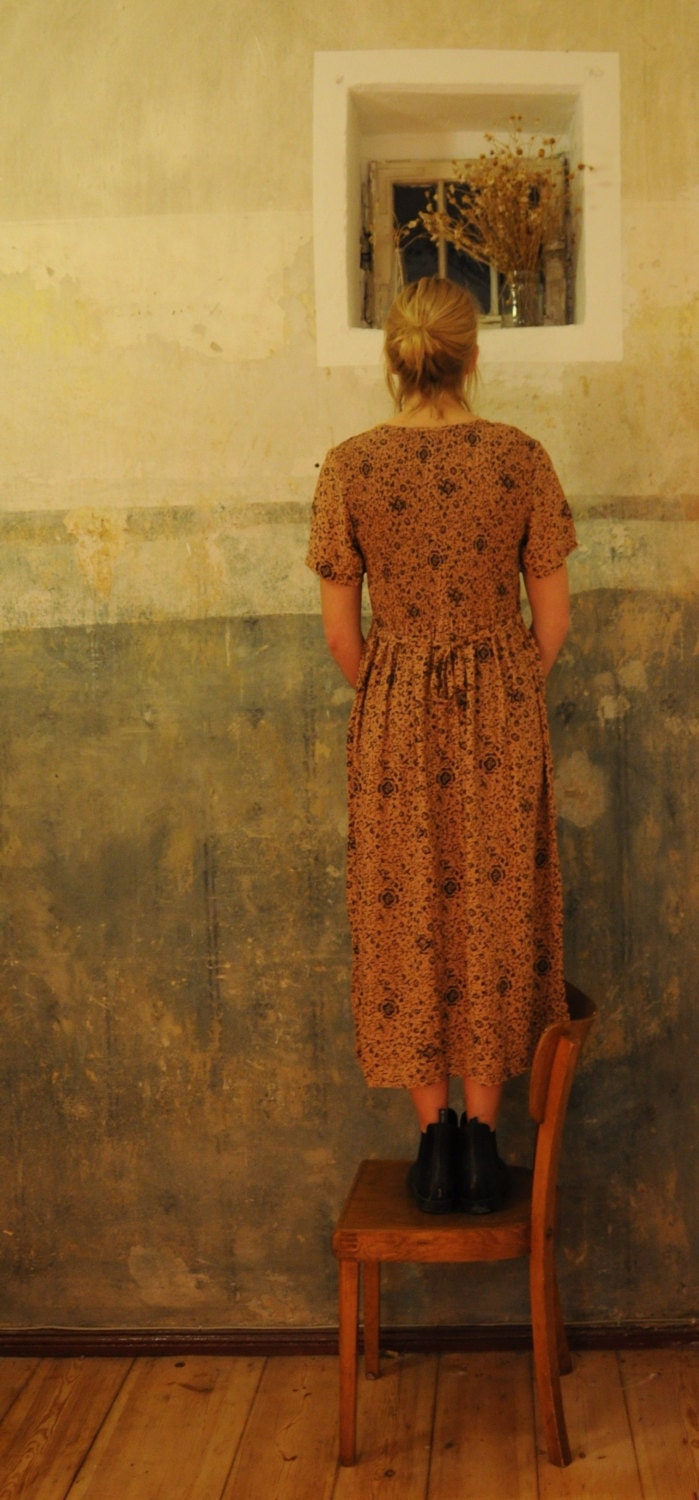 vintage rust brown floral apricot highwaist long dress size s m - happycreeps