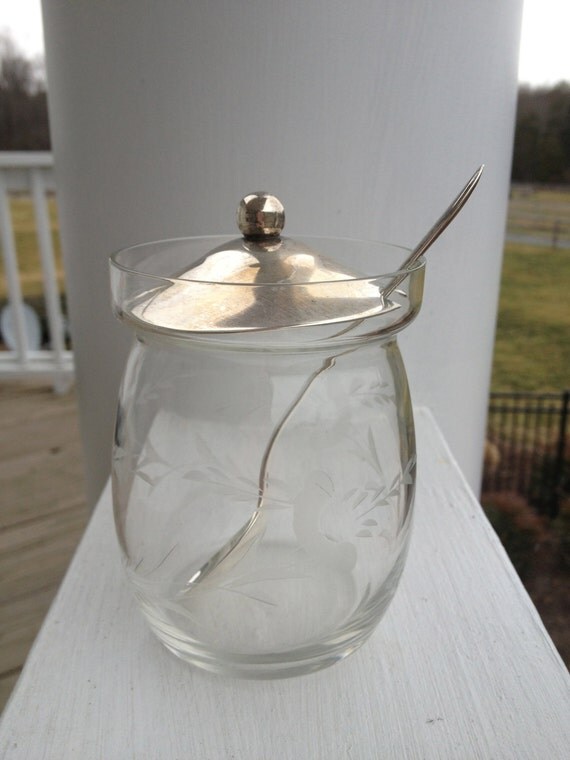 Etched Glass jam jar with sterling silver spoon and lid