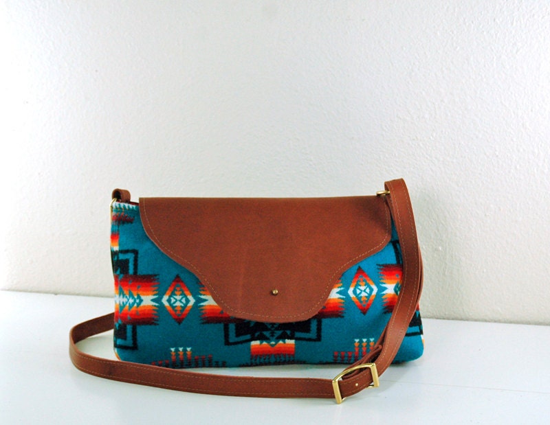 Nina: Leather Flap Bag in Turquoise Patterned Wool