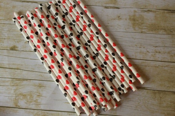 Queen of Hearts Party Straws -- Alice in Wonderland -- Black and Red Hearts Paper set of 30 Il_570xn