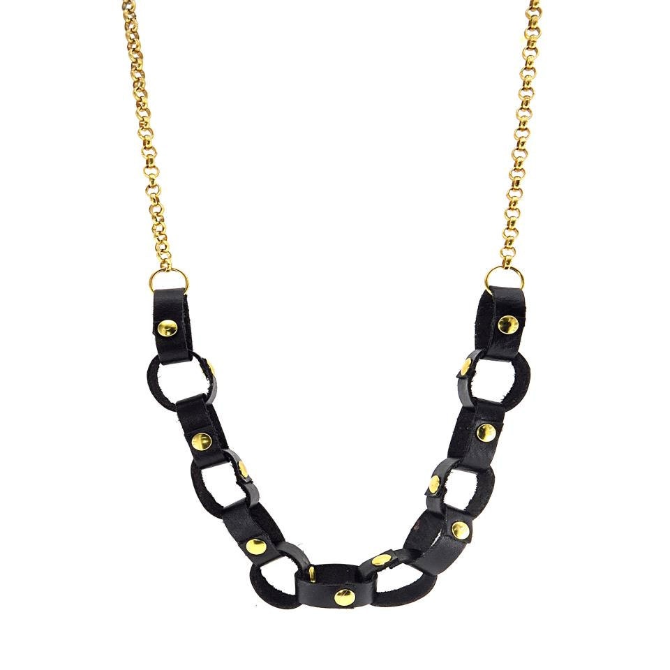 Statement necklace. Gold plated necklace with black leather - streetcats