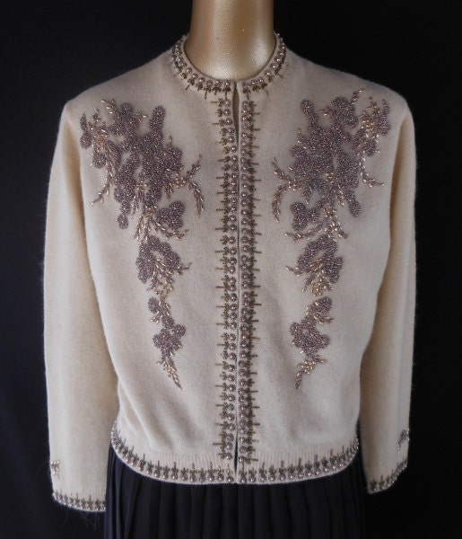 Vintage 50s Cardigan Sweater - 1950s Hand Beaded Cashmere Angora Blend - Copper Beading - Size M to L - CatseyeVintage