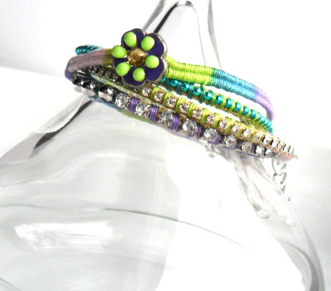 Bracelet Stacks Set of 4 Leather Friendship Bracelet, Hand woven in multicolored cotton thread, Enamel crystal Flower Spring 2013 - Daniblu