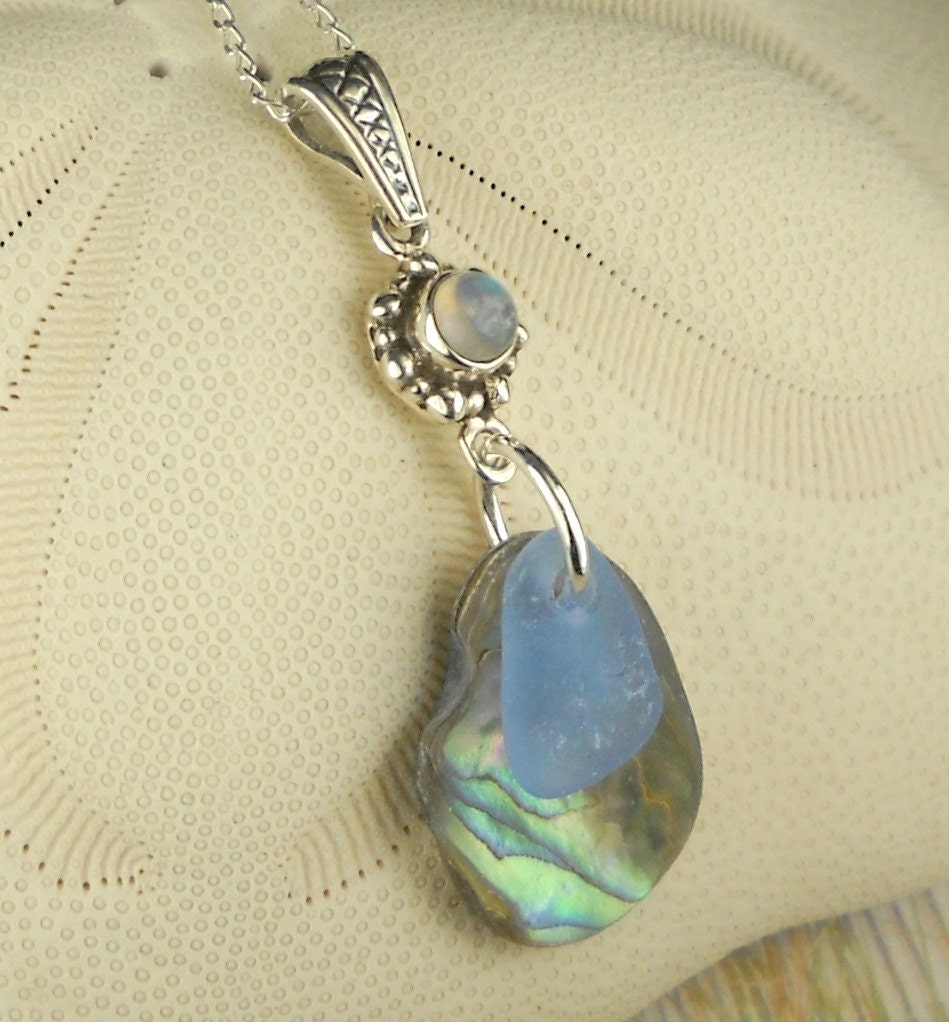 GENUINE Abalone Necklace And Cornflower Blue Sea Glass