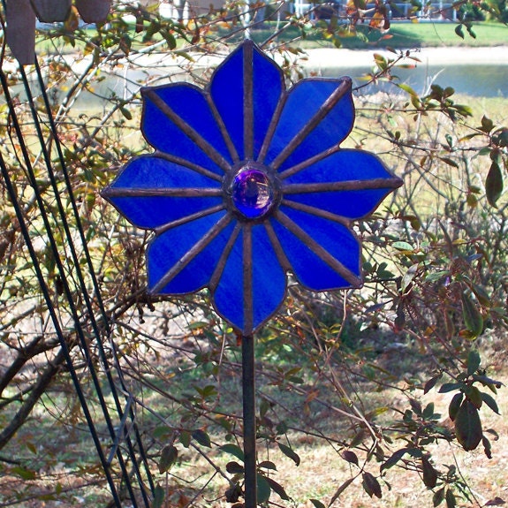 Blue Stained Glass Flower Garden Stake Suncatcher by Orlantha