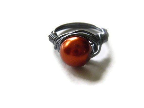 Gray  and rust orange pearl wire wrapped cocktail ring fall rustic gift - TheRottenRooster