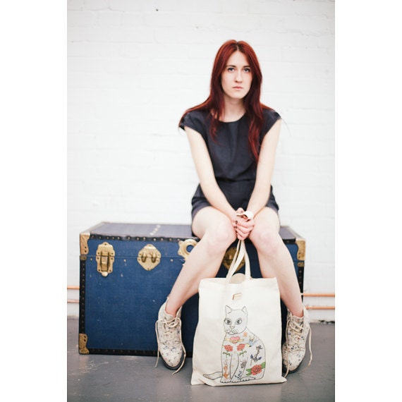 Tattoo Cat Printed Tote Bag