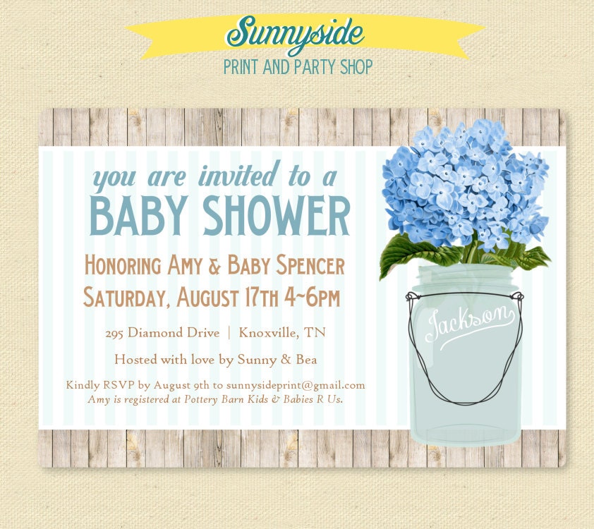 Baby Shower Invitation - Hydrangeas Mason Jar - Vintage Country Rustic Invite Il_570xn