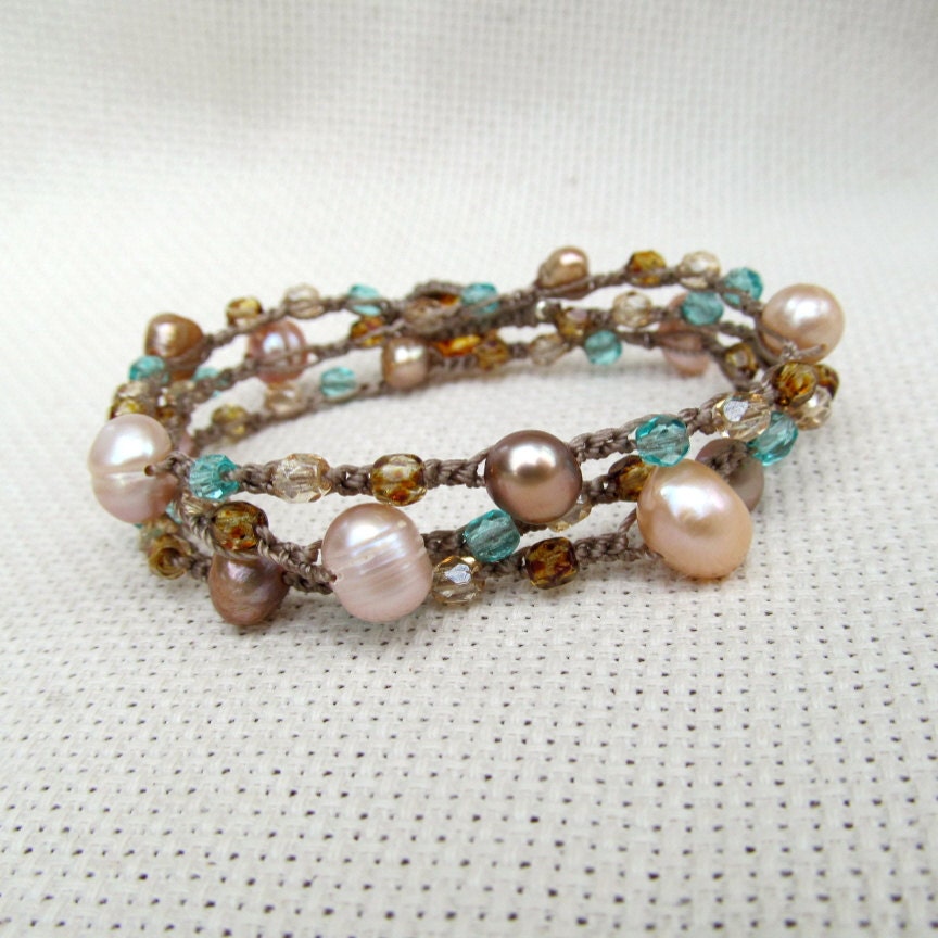 Bohemian Crochet Wrap Bracelet, Necklace "Ocean Sprite", beach glass colors and freshwater pearls