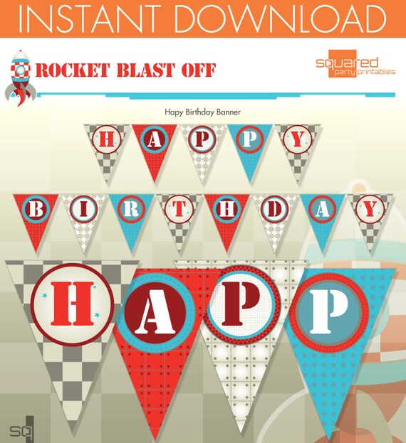 Rocket Ship Spaceship Birthday Party Printable Happy Birthday Banner - DIY Print - Blast Off - Instant Download Il_570xn