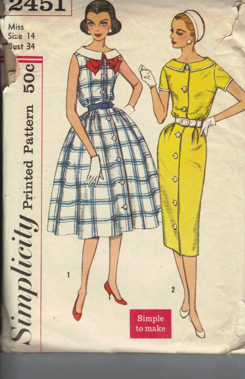 Vintage 1960's Women's Dress Pattern, Simplicity 2451, Size 14