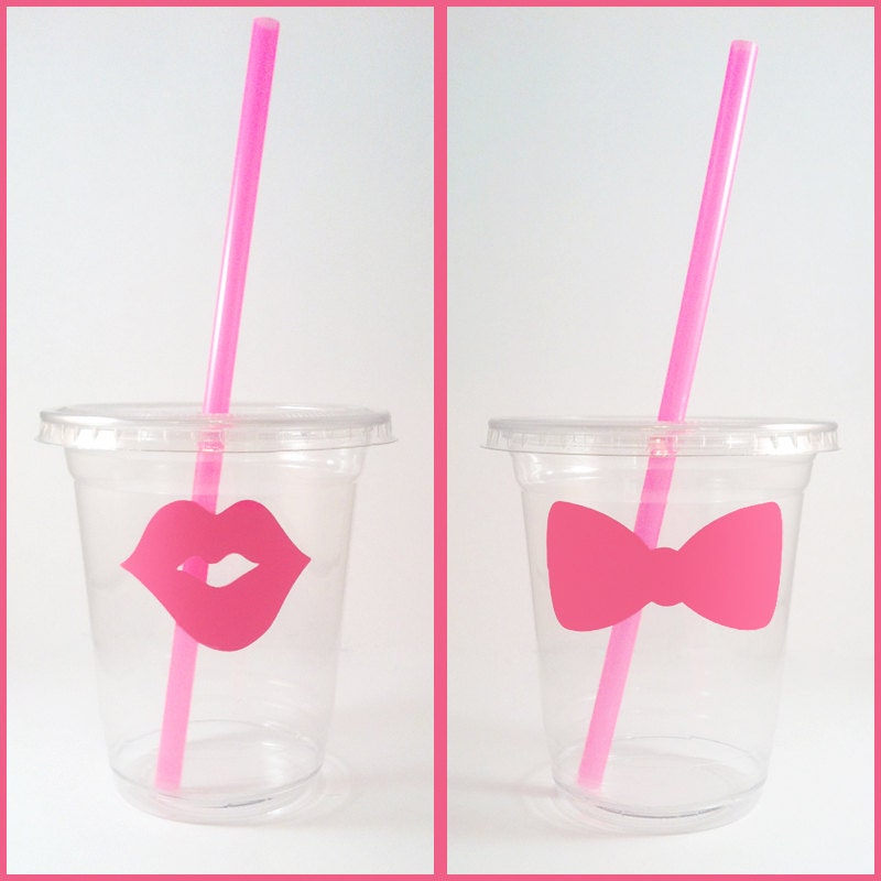 24 Girly Girl Disposable Party Cups, Lids & Plastic Straws - Pink Lips - Pink Bows - Bachelorette Party - 12 oz or 16 oz Il_570xn