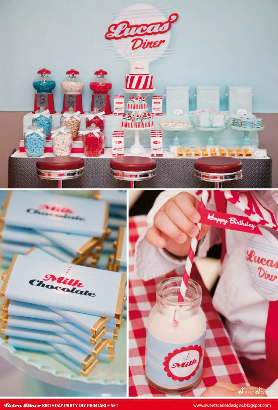 RETRO Diner Birthday Party Printable Set - Cupcake Toppers, Food and Bottle Labels, Favor Tags & More Il_570xn