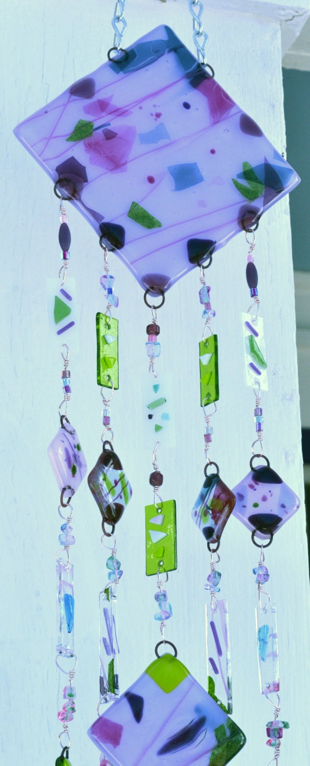 Windchime Suncatcher in Purple, Pink, Green, White Fused Glass - LyonPondStudio