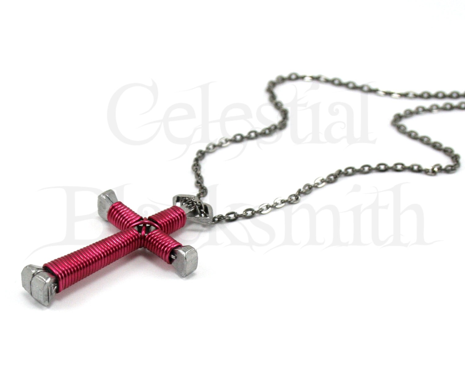 Magenta Cross Necklace Red Wire Wrapped by CelestialBlacksmith