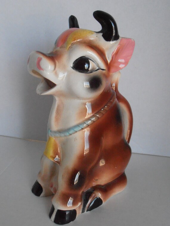 Vintage Large Figural COW Milk PITCHER Bell Around by tjmccarty