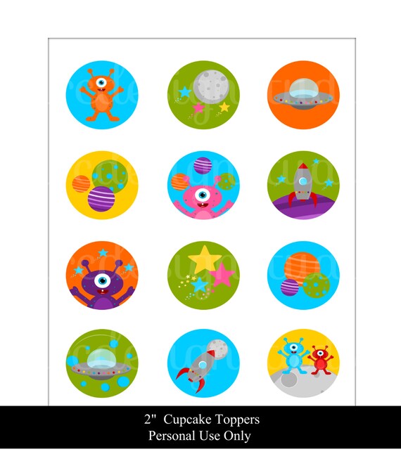 WINTER SALE - 2 Inch Round Circles - Printable Space Aliens Cupcake Toppers (Bright Version) Il_570xn