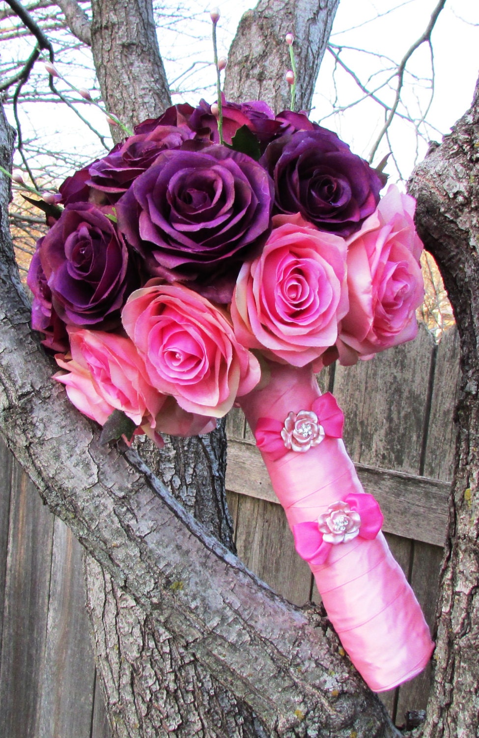 Purple and Pink Roses 2014 Chic Silk Flower Bridal Bouquet