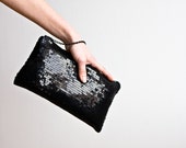 Black Sequin Clutch, Evening Prom Pouch, Black Cocktail Purse, Bridesmaids Wristlet Clutches, Statement Handbag, New Years Eve Party Clutch - BeauMiracleForYou