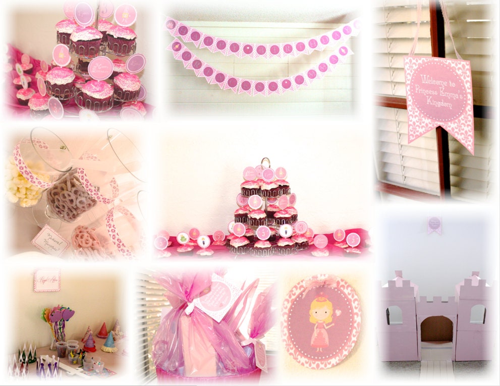 Pink Princess Birthday Party Printable Decoration Pack Personalized, Custom in PDF Format, Pink and Purple Il_570xn