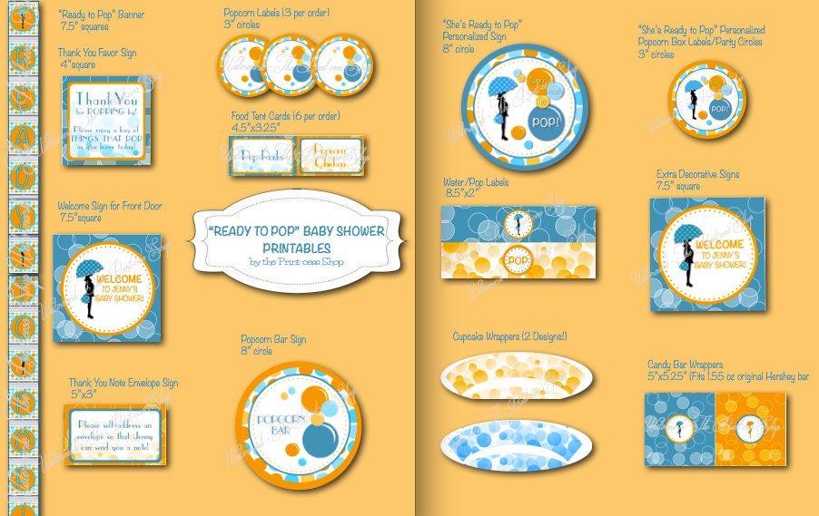 Ready to Pop Baby Shower Printable Decorations - Orange and Blue - Orange and Turquoise - Personalized, Customized Party Pack Il_570xn