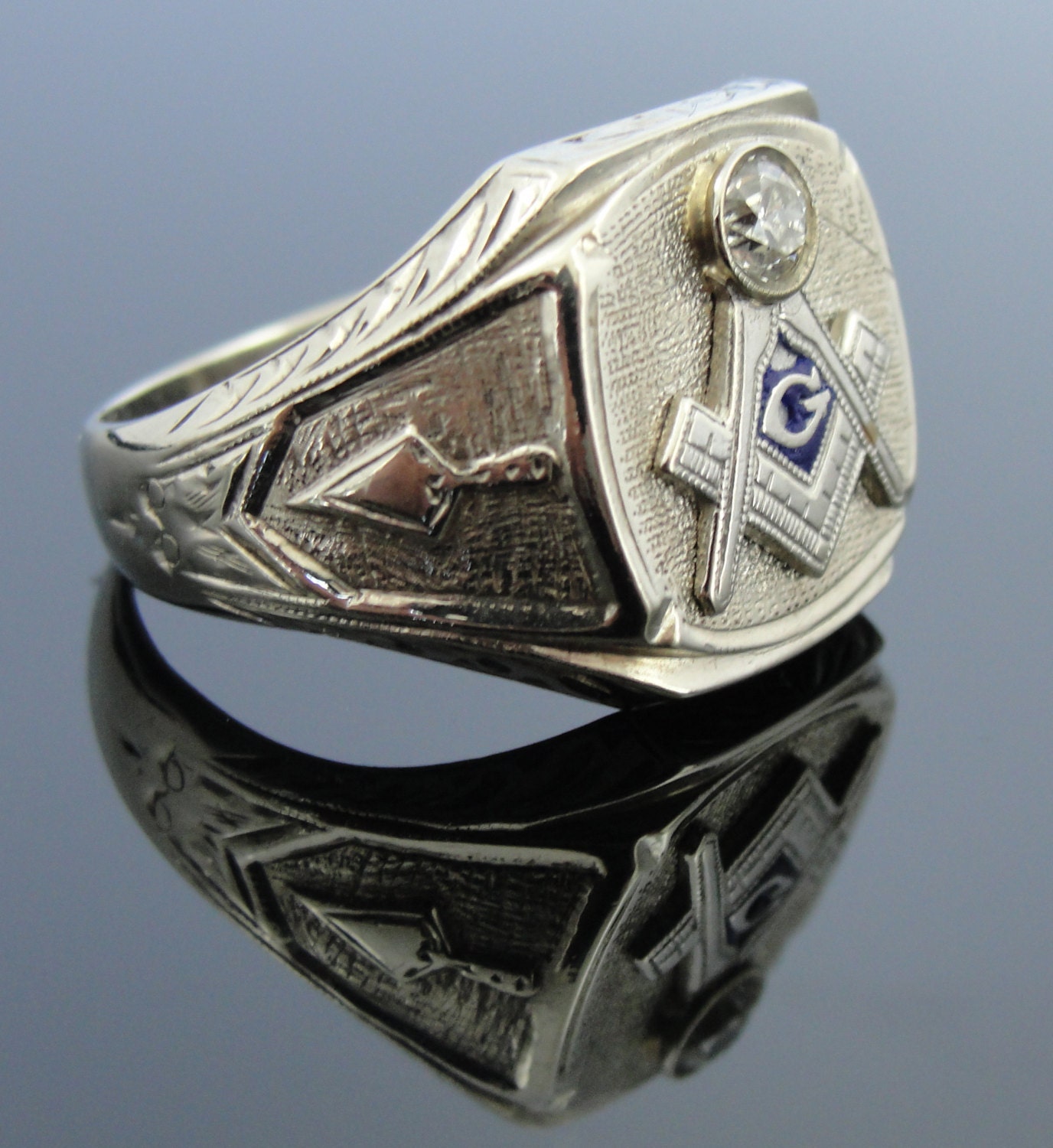 Antique 14k White Gold Art Deco Masonic Signet Ring By MSJewelers