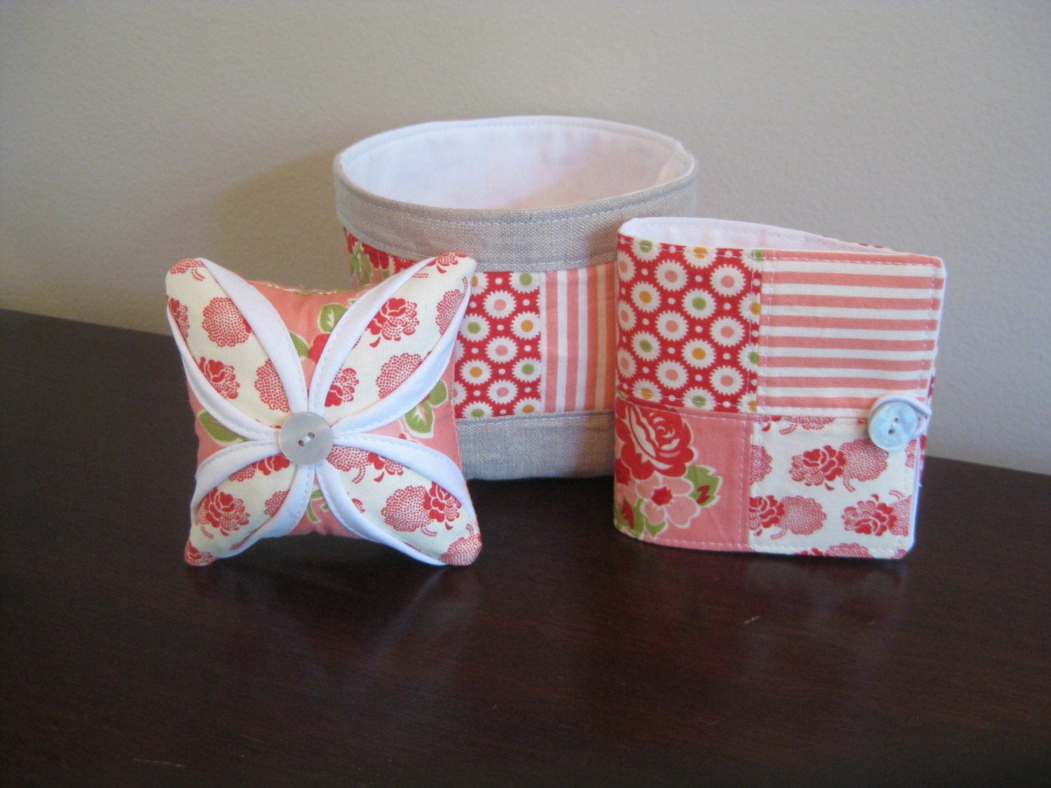 Three Piece Sewing Accesories Set - Marmalade - Pincushion, Needle Book, and Thread Catcher- Made To Order