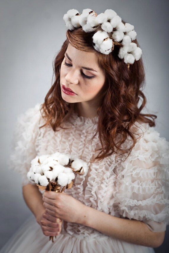 Bridal headpiece with real cotton flowers Bridal headband Real