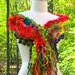 Multicolored tattered shaggy SCARF Wrap Shrug with pom poms, silk shaginess and fringes
