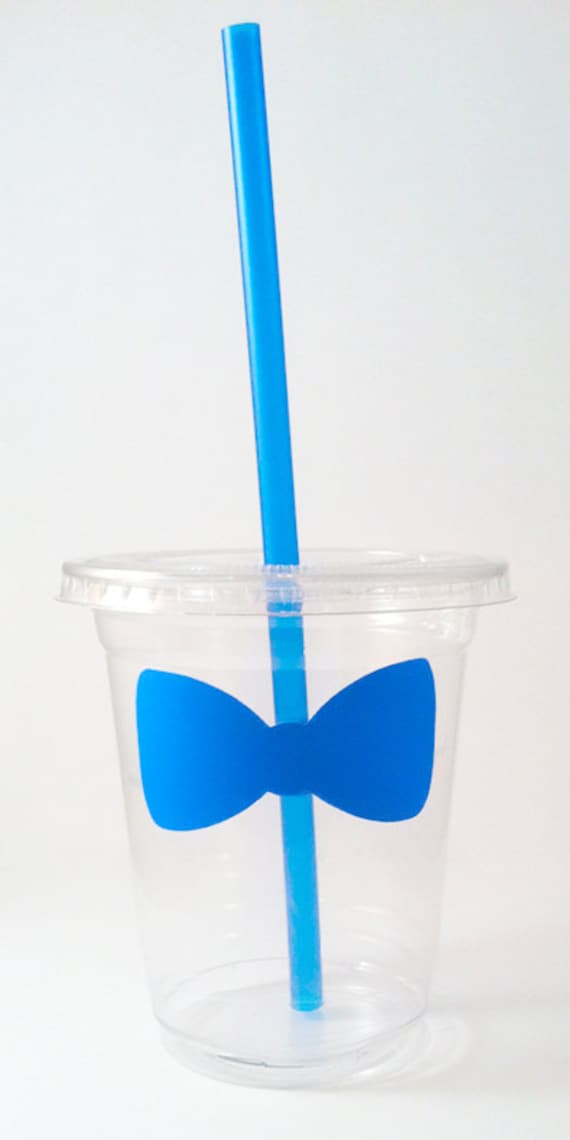 24 Blue Bow Tie Disposable Party Cups, Lids & Plastic Straws - Gender Reveal Party - Little Man Party - 12 oz or 16 oz Il_570xn