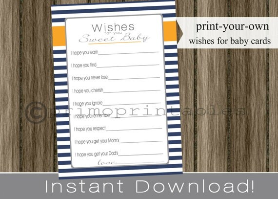 Baby Shower Wishes for Baby cards navy blue and orange boy INSTANT DOWNLOAD printable file print your own Il_570xn