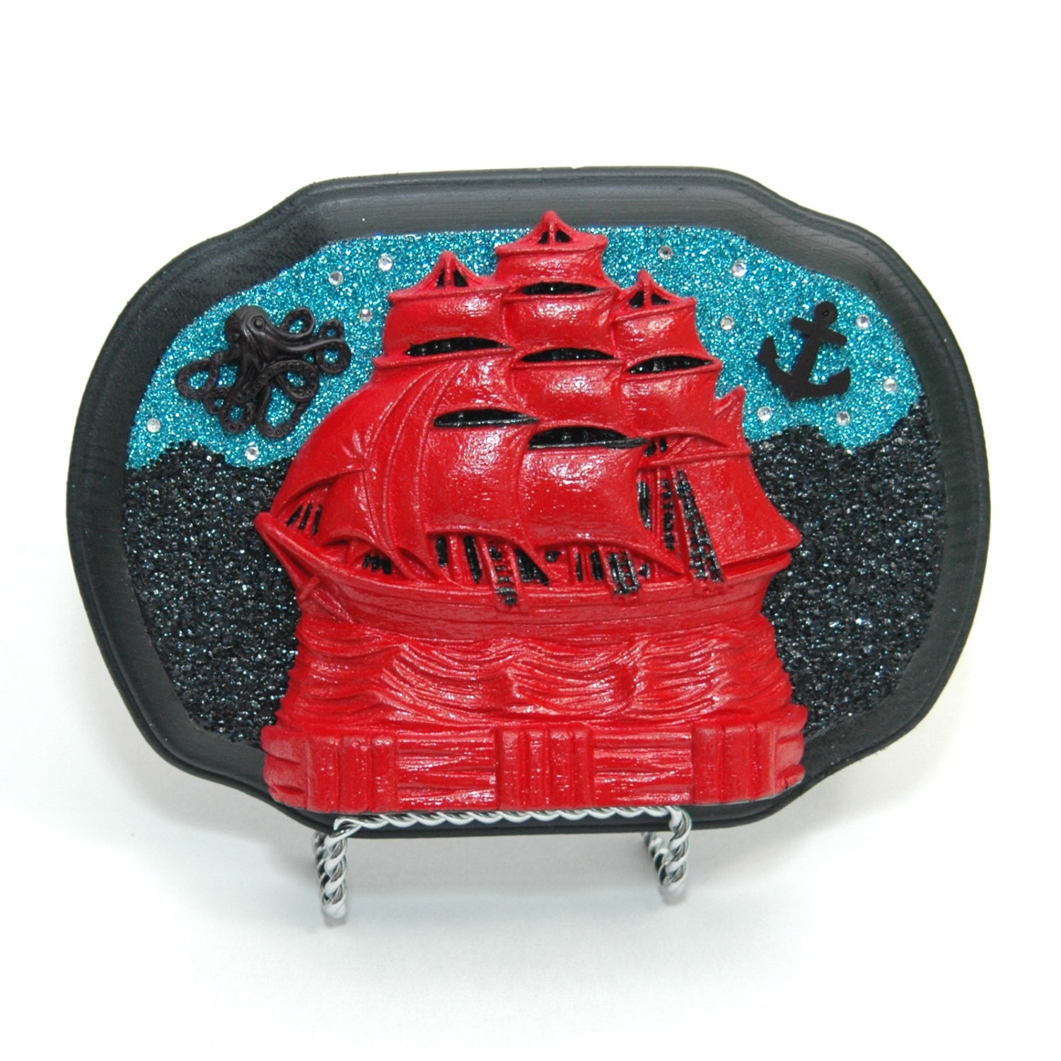 Handmade Dark Seas Pirate Ship Wall Plaque - Nautical Anchor Octopus Sea Ocean Art Assemblage - Hand Cast Resin - Wood Wall Hanging