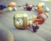 bohemian linen collage bracelet vintage buttons and beads No.6